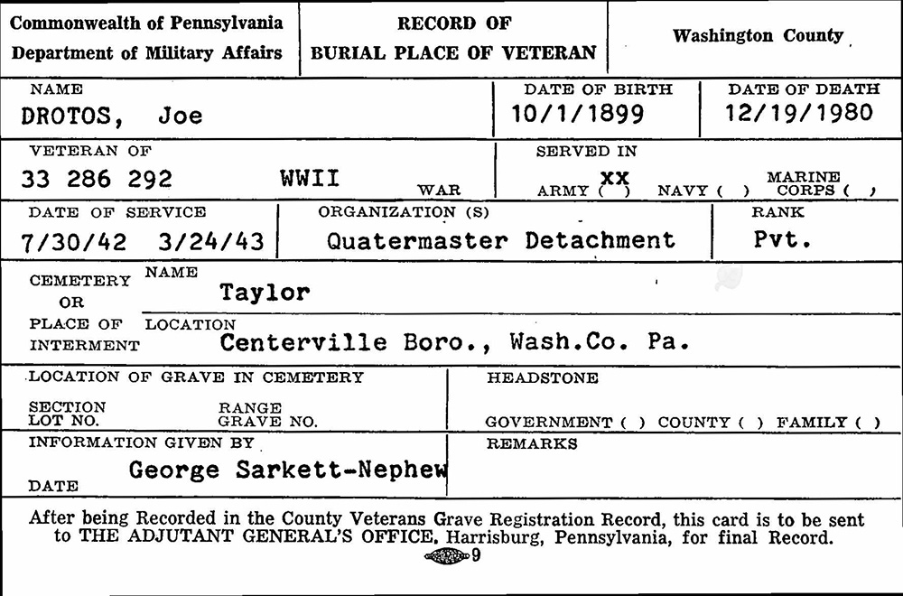 veteran burial card